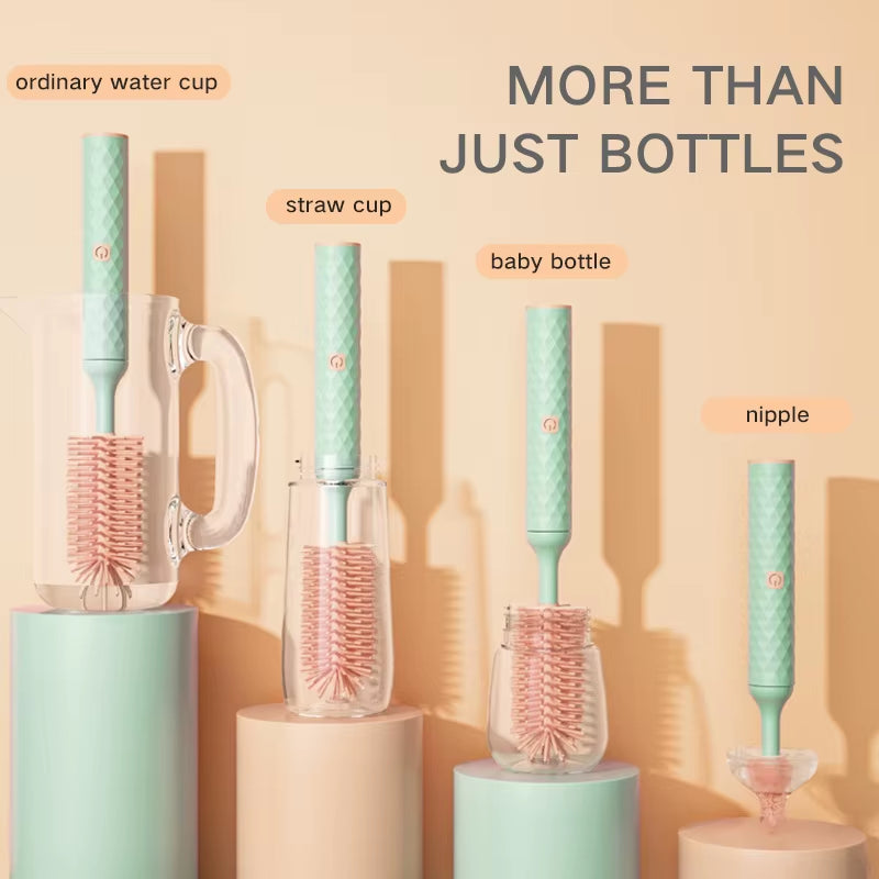 Electric Baby Bottle Brush Rotating Silicone Brush Head with Long Handle Waterproof USB Rechargeable Bottle Cleaner for Nipple